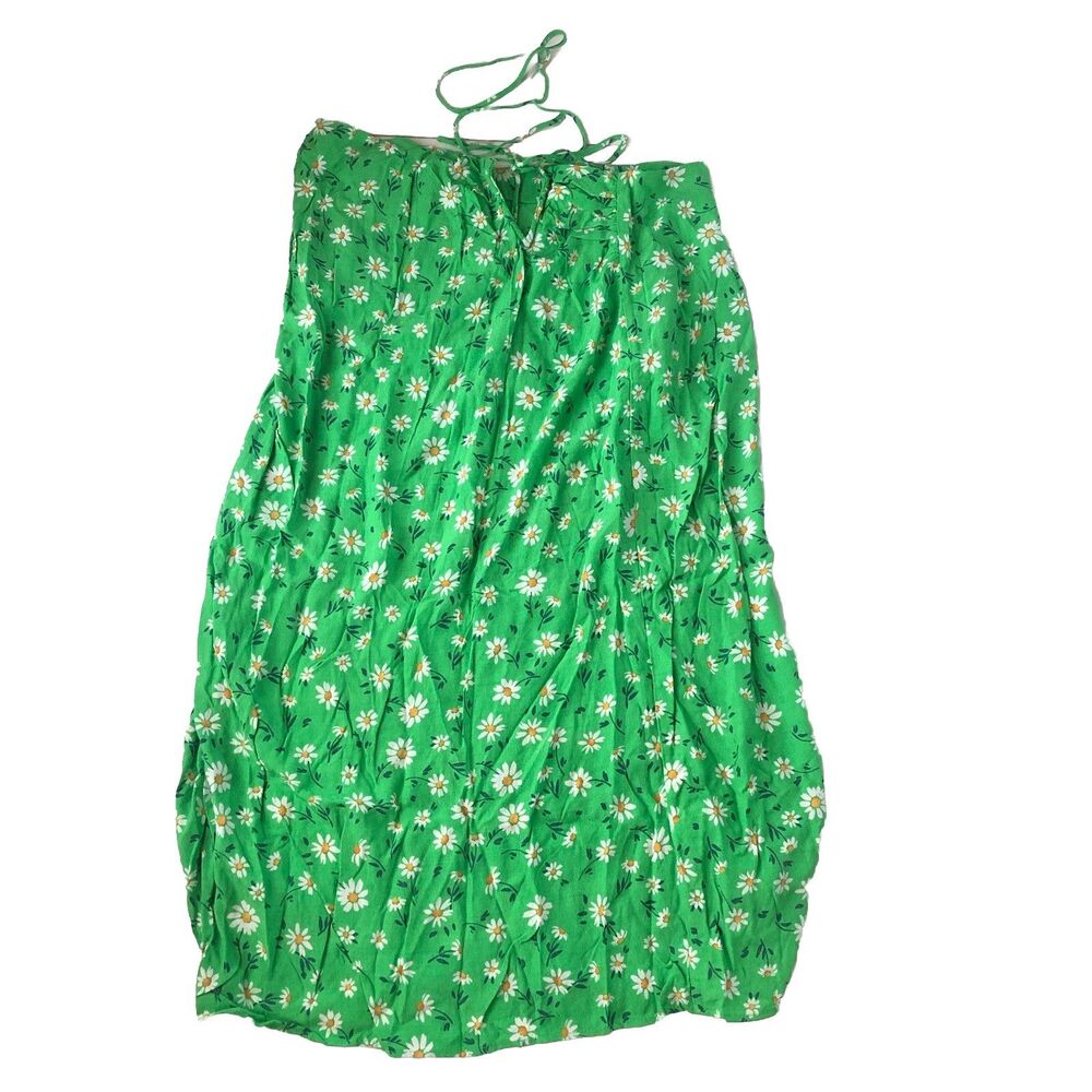stradivarius Womens Halter Dress Slit Ruched Green Daisy Print  Size 12 NWT